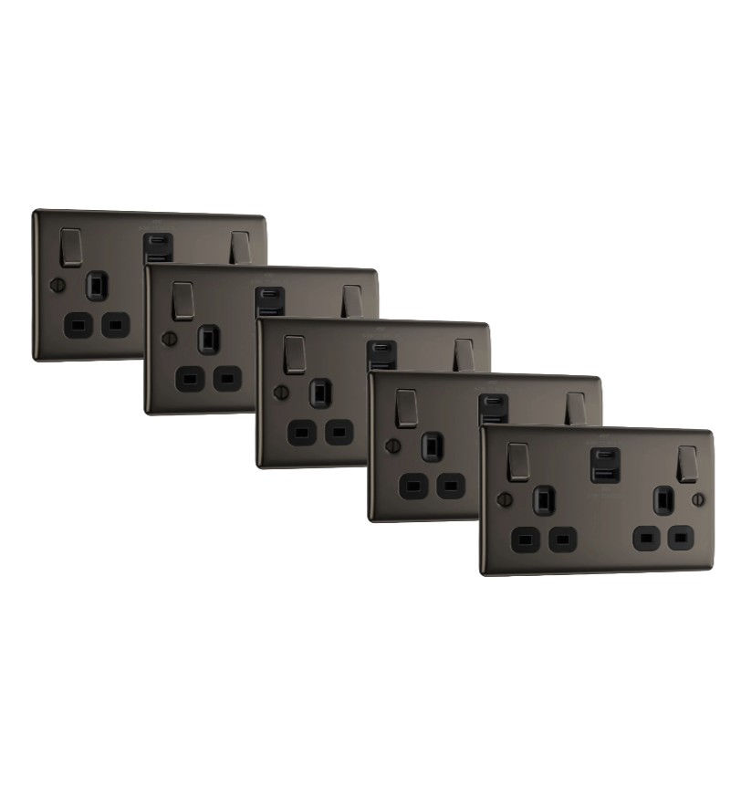 BG Nexus Black Nickel 2G 13A switched socket USB-A USB-C 45W NBN22UAC45B-01 -5pk