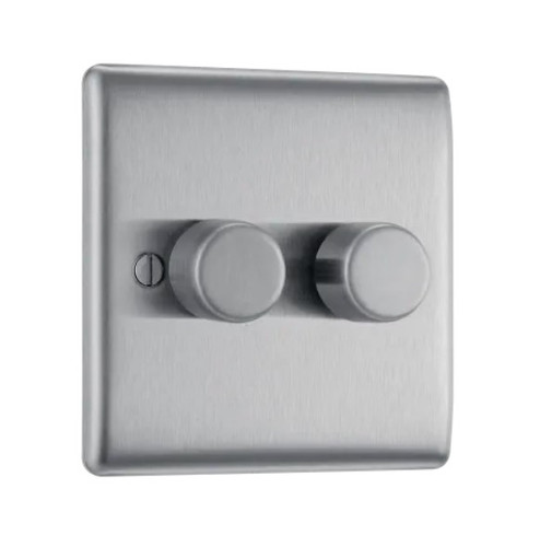BG Nexus Brushed Steel 200W 2 Gang 2 Way dimmer switch push on/off ...