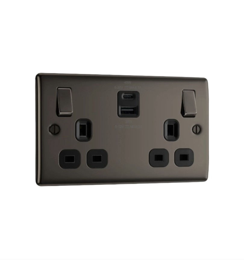 BG Nexus Black Nickel 2 Gang 13A switched socket USB-A USB-C 45W NBN22UAC45B-01