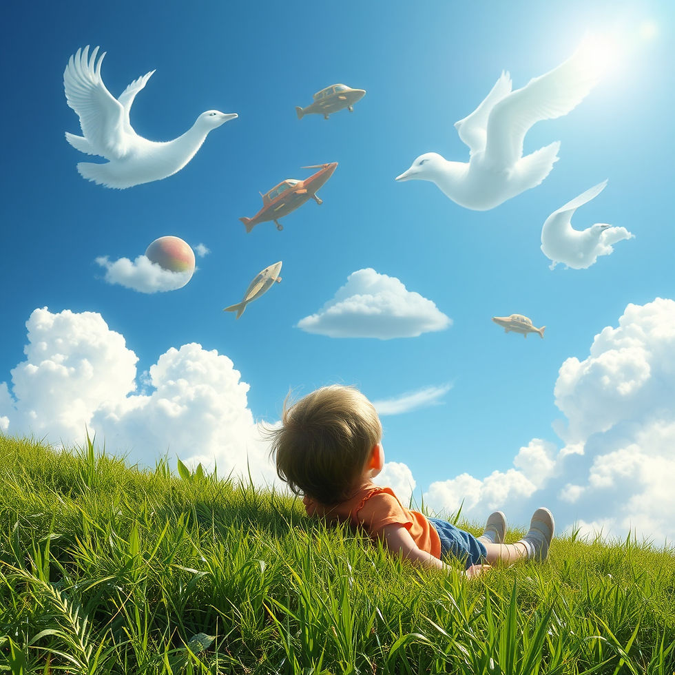 Boy imagining the clouds are objects