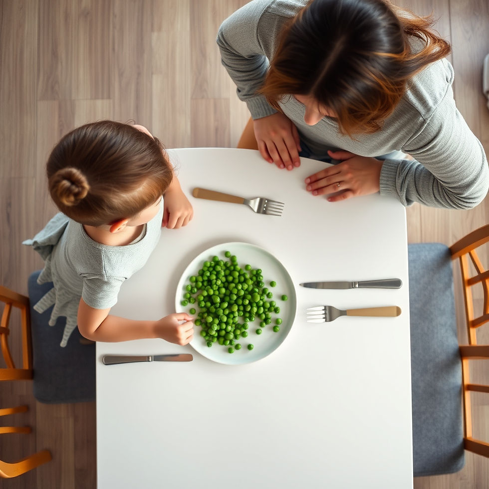 mom looks at her daughter at the dinner table who is refusing to eat peas