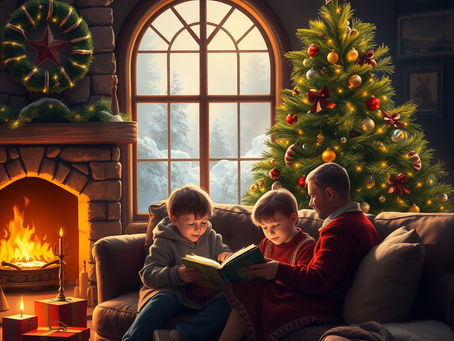 A heartwarming christmas scene with two kids reading with their dad