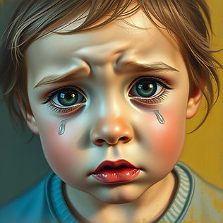 A child with tears in their eyes.