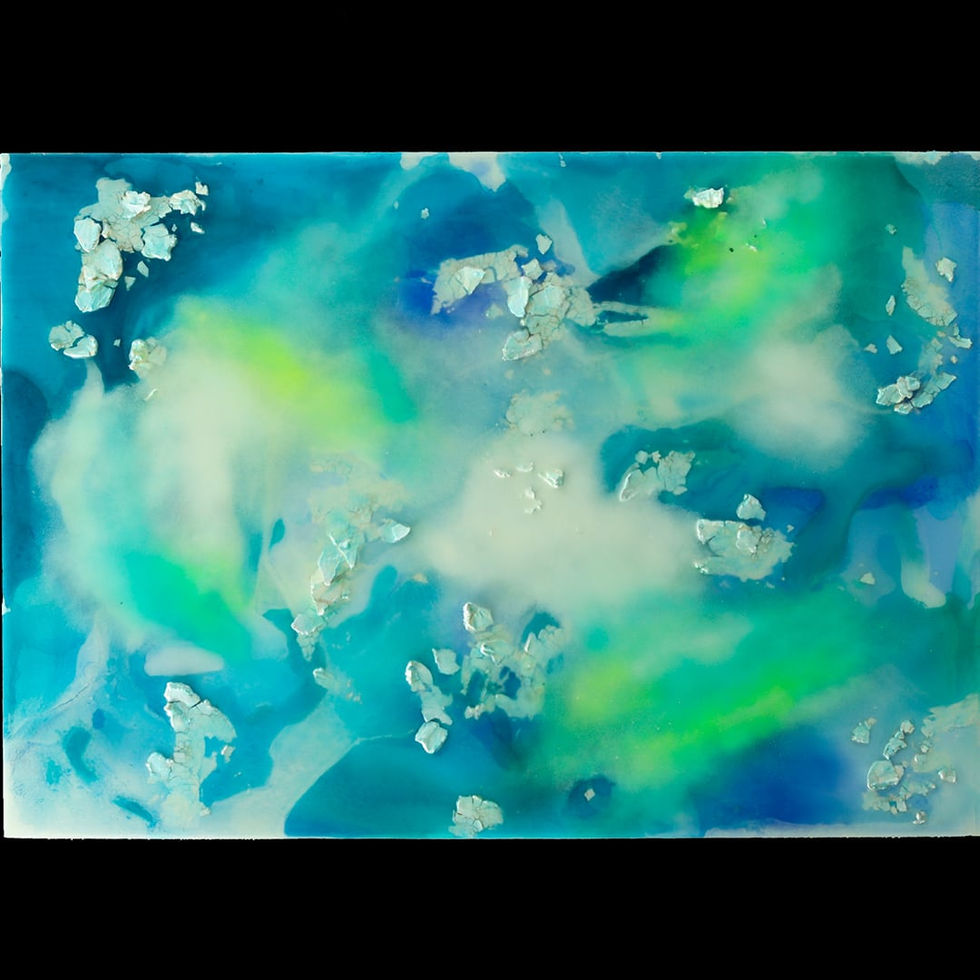 Abstraktes Mixed-Media-Gemälde in Türkis, Blau und Weiß mit strukturierter Oberfläche, Resin und arktischer Anmutung