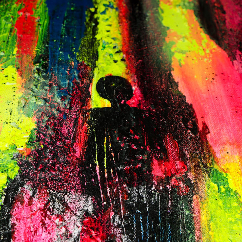 "People" ist ein abstraktes Gemälde, das mit lebendigen Farben wie Neongelb, Neonpink, Rot und Blau gestaltet ist.