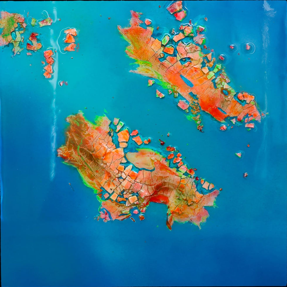 Dreiteilige abstrakte Inselkunst aus Sumpfkalk mit orangefarbenen und amberfarbenen Inselgruppen im türkisblauen Meer, verede