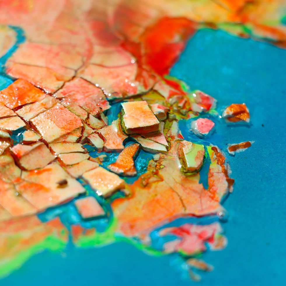 Dreiteilige abstrakte Inselkunst aus Sumpfkalk mit orangefarbenen und amberfarbenen Inselgruppen im türkisblauen Meer, verede