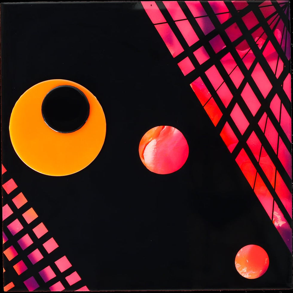 Abstraktes Mixed-Media-Kunstwerk mit leuchtenden Neonfarben und kreisförmigen Strukturen