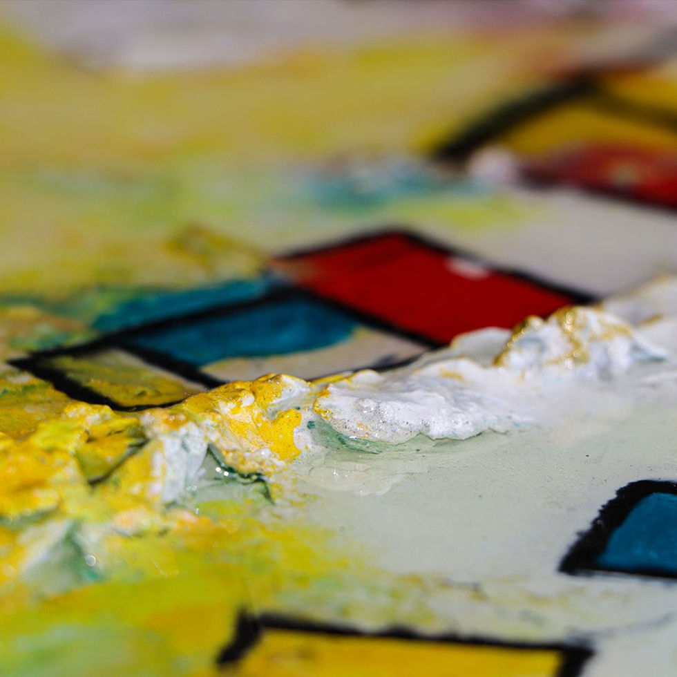 Geometrie ist ein abstraktes Kunstwerk mit geometrischen Formen, Material aus Epoxidharz, Papier, Acryl, Spachtelmasse,