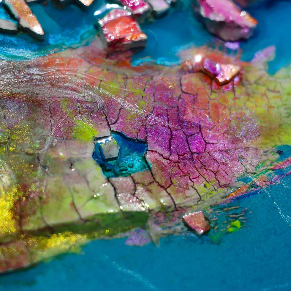 Abstrakte Frühlingslandschaft in Blau, Lila und Rosa mit Inselstrukturen, Resin und Mixed-Media-Texturen
