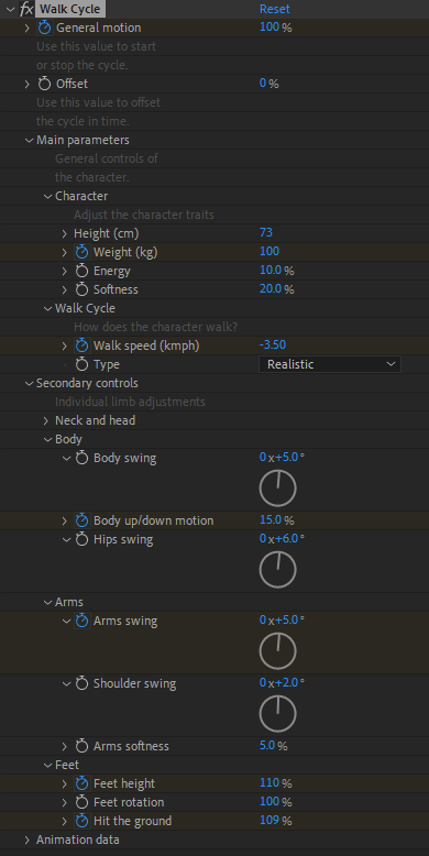 Walk cycle controls in the Effect Controls panel