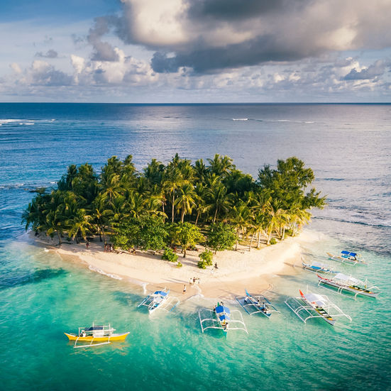 Small circular island surrounded by clear ocean water with dense palm trees