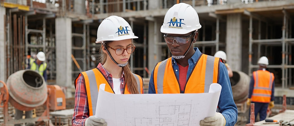 Fotografia em plano médio e formato panorâmico de dois engenheiros, uma mulher branca e um homem negro, em um canteiro de obras. Ambos vestem coletes refletivos laranja, camisas casuais e capacetes de segurança brancos com o logotipo "MF Representações" centralizado. Eles estão concentrados, segurando e analisando juntos uma planta de arquitetura impressa em papel branco. Ao fundo, a estrutura de um edifício em construção com vigas de concreto, andaimes e outros operários desfocados, criando um ambiente profissional e dinâmico.
