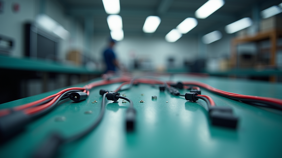 Eye-level view of a wire harness prototype on a testing table