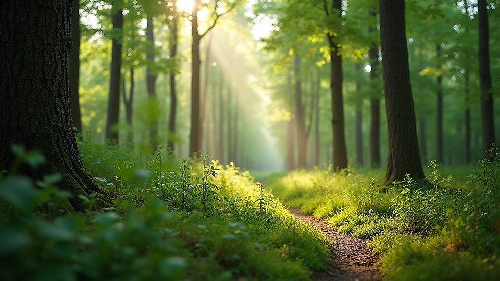 Eye-level view of a lush green forest with sunlight filtering through the trees