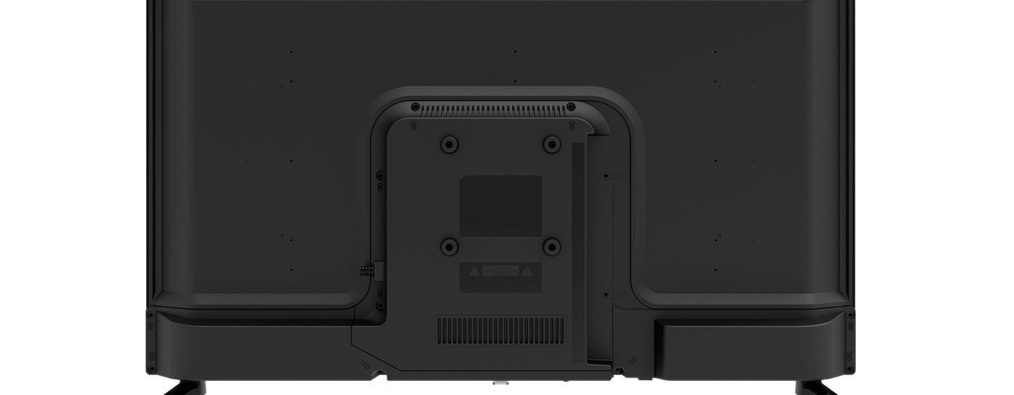 Schwarzer Fernseher von hinten, mit Anschlüssen und Standfüßen
