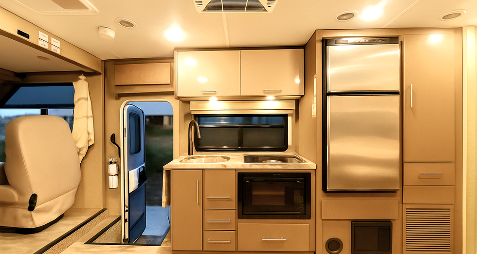 Inside view of Vegas motorhome with kitchen and front cab.