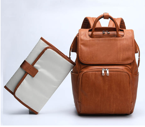 Thumbnail: PU Leather Diaper Bag Backpack Unisex Baby Travel Bag with Changing Mat Large Ca