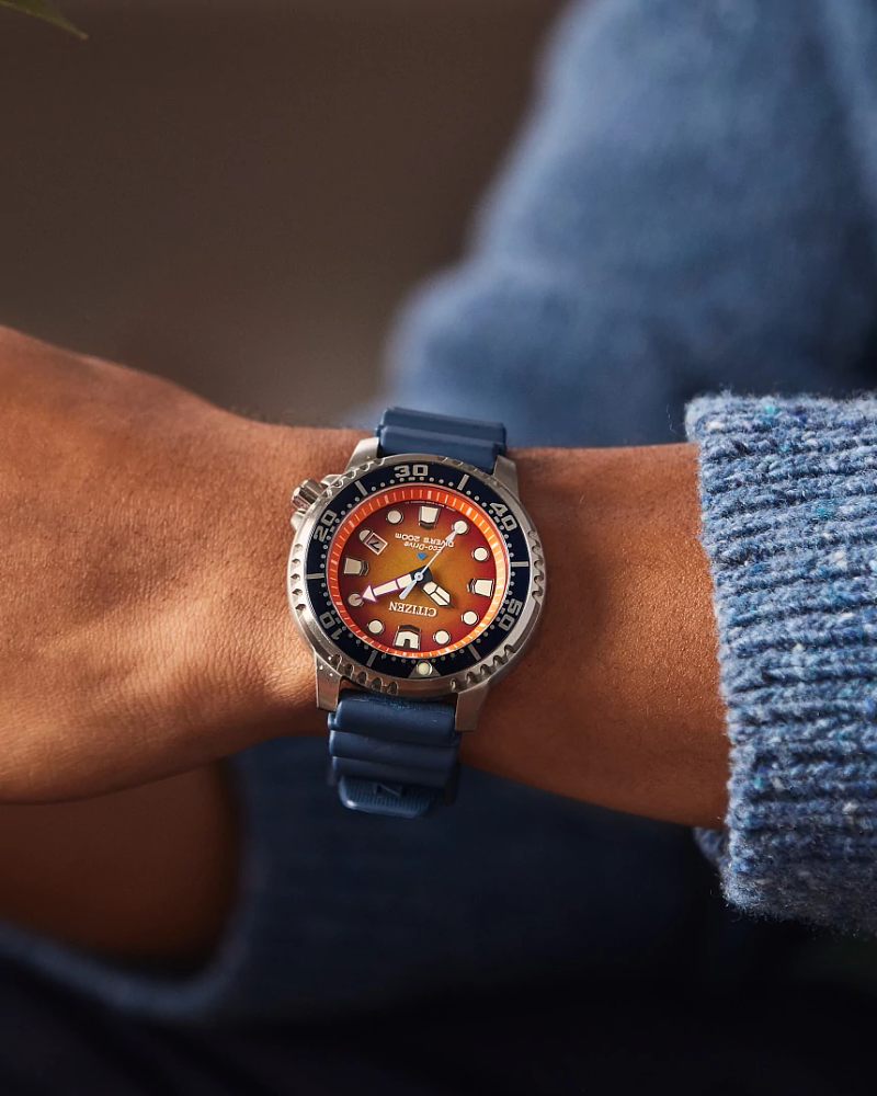 Thumbnail: Promaster Dive : Men's Eco-Drive Light Powered Blue & Orange Divers Watch