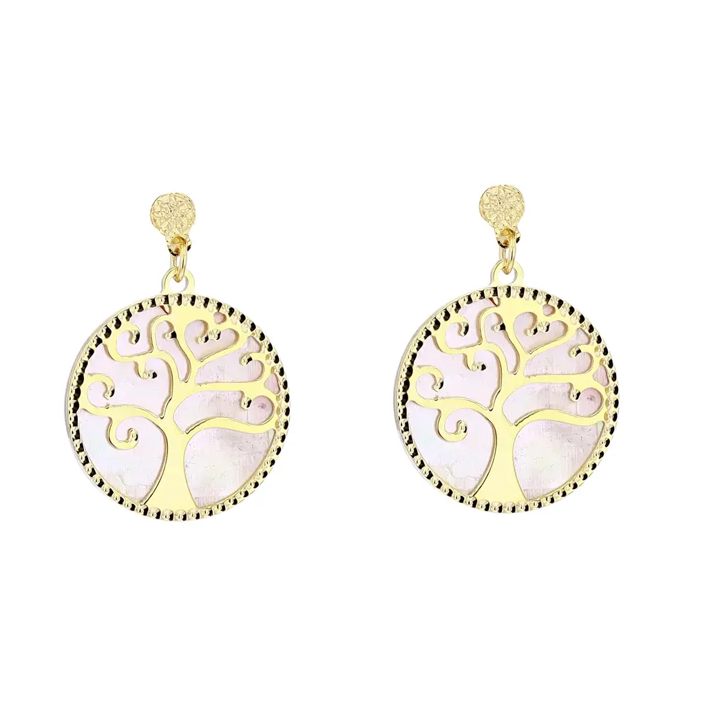 14kt Yellow Gold Mother of Pearl Tree Of Life Dangle/Drop Earrings
