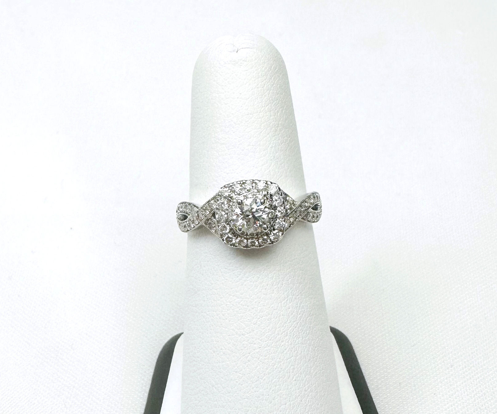 14kt White Gold 0.88ct Criss-Cross Twist Diamond Halo Engagement Ring