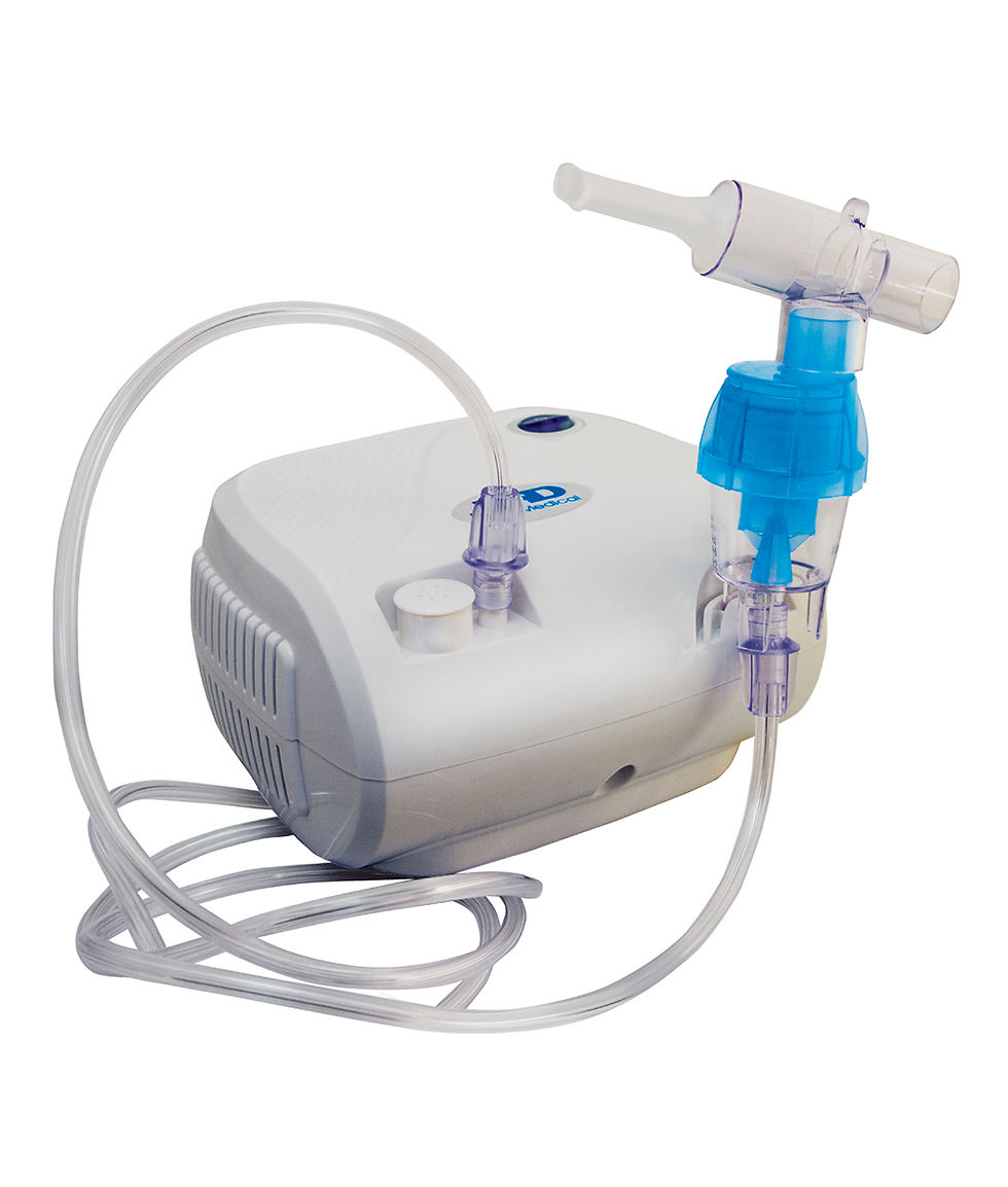 White nebulizer machine with blue components, clear tubing attached. The logo is visible on its surface. Simple, clinical background.