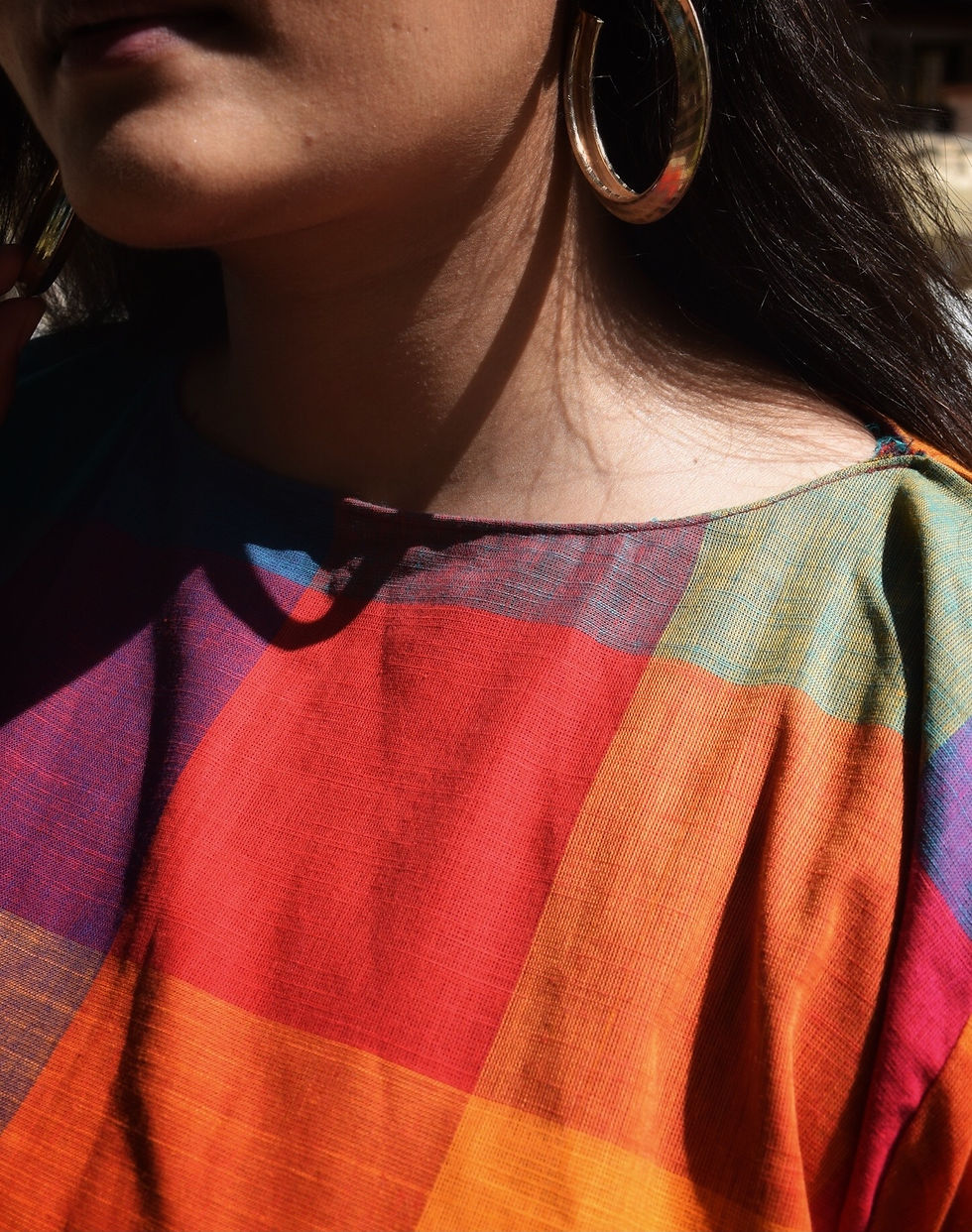 Thumbnail: Multi colored box printed tunic dress, free size.