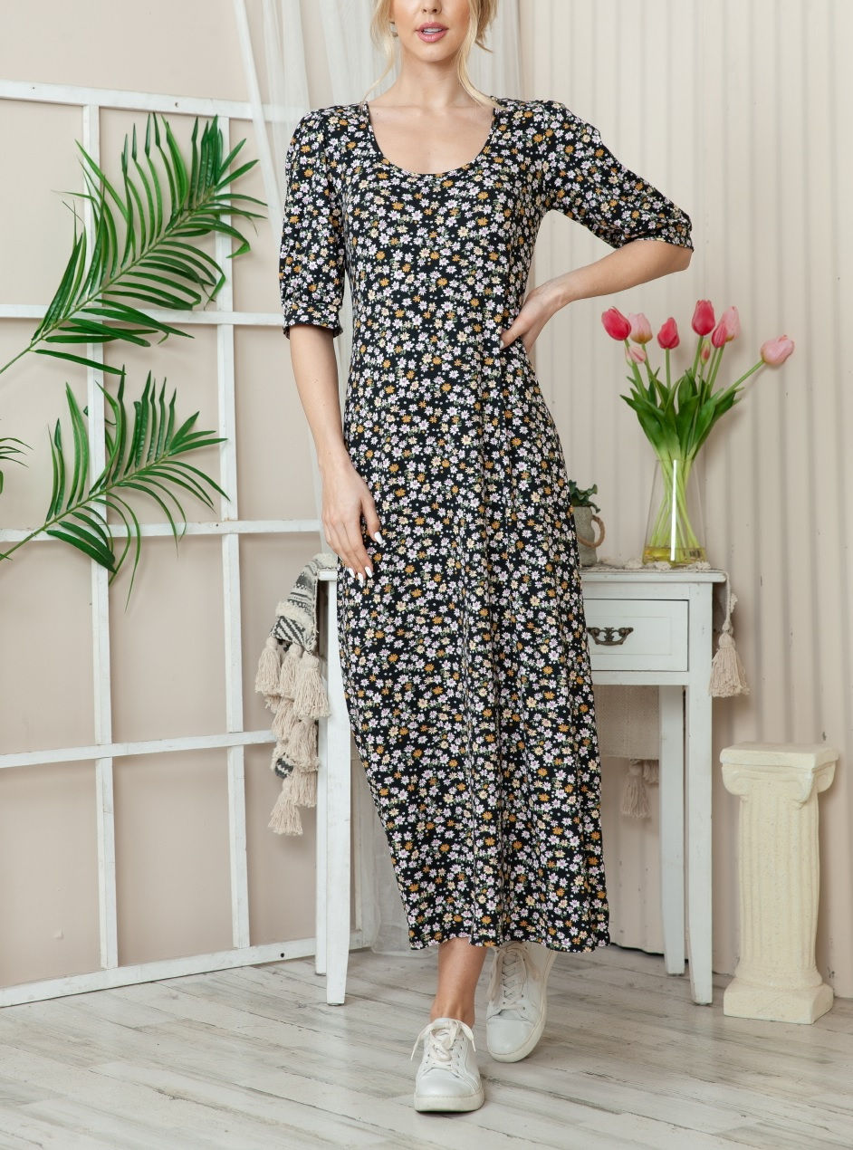 Thumbnail: Floral Printed Lantern Sleeve Long Dress