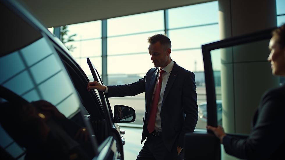 Close-up view of a chauffeur opening a car door for a passenger at the airport
