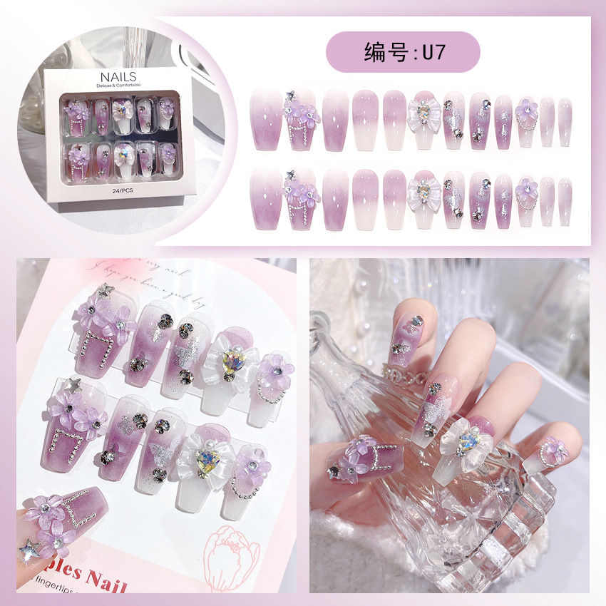 Thumbnail: 24pcs Luxury Long Reusable Rhinestones Full Cover Press On Nails