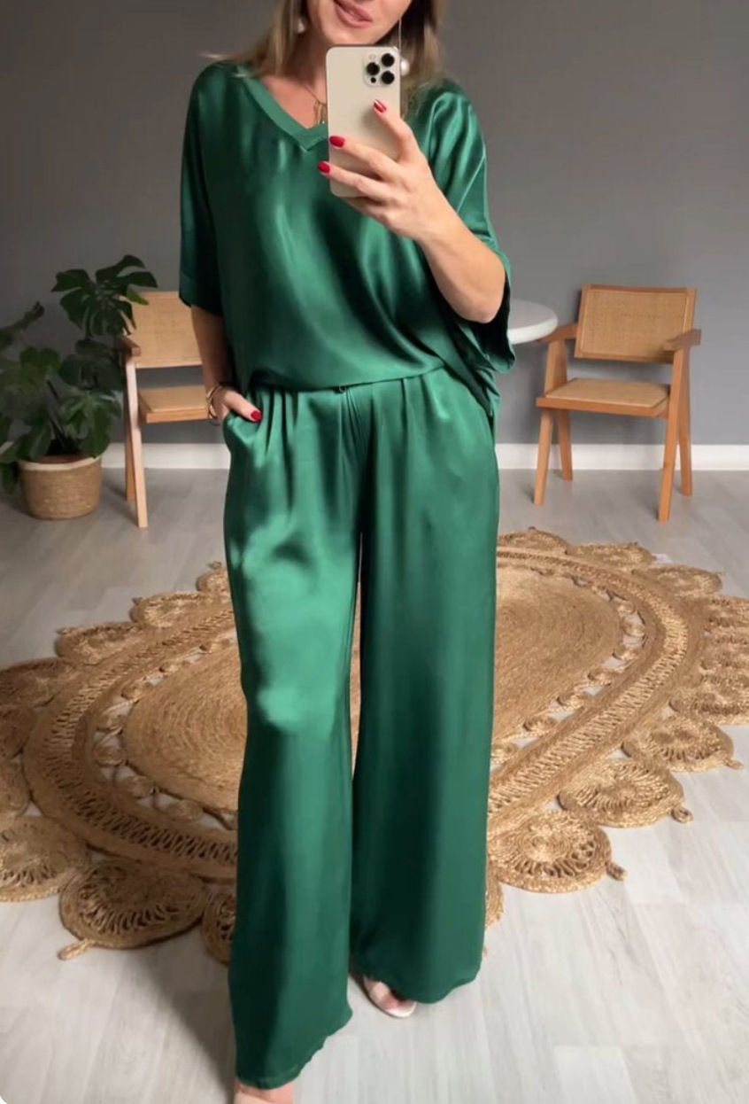 Thumbnail: Elegant V-neck Short Sleeve Loose Fit Casual Blouse & High Waist Pants Set