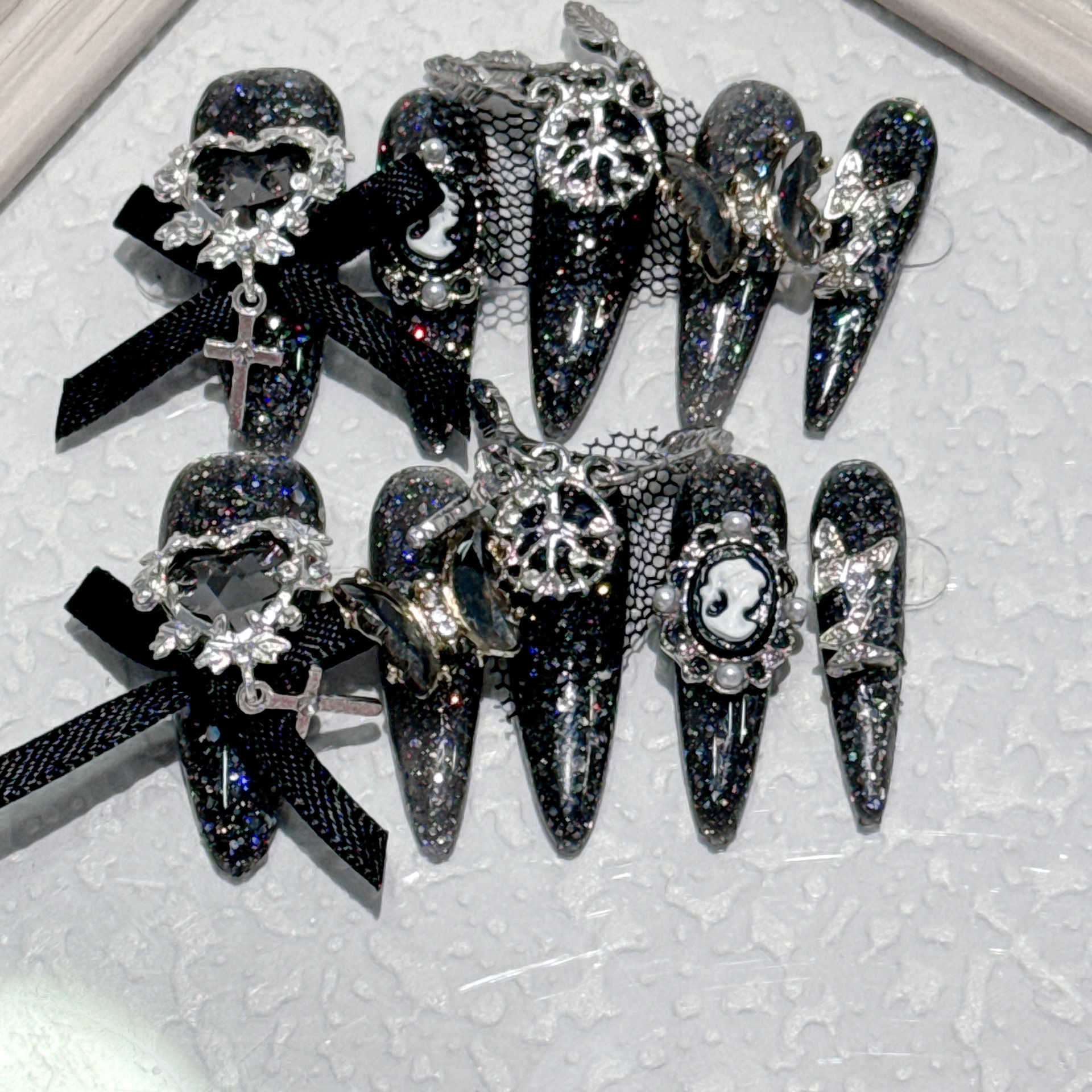 10pcs Long Pointed Press on Nails 3D European Heavy Metal Tips