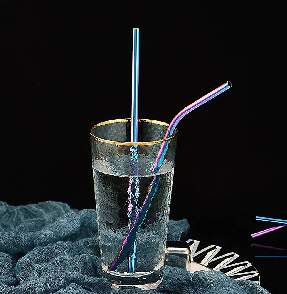 Thumbnail: 10Pcs Reusable Drinking Stainless Steel Straws Set with Cleaning Brush
