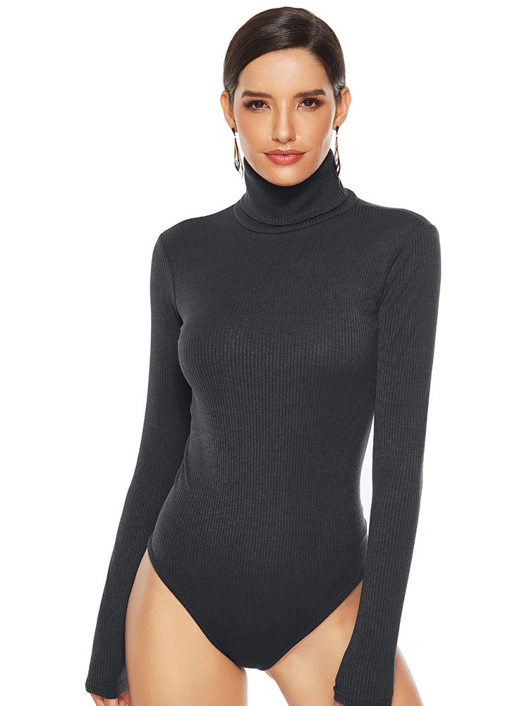 Thumbnail: Long Sleeve Turtleneck Elastic Knitted Women Jumpsuits Bodysuit S-5XL