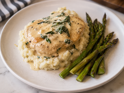 Creamy Boursin Chicken served over mashed potatoes with roasted asparagus and a creamy garlic herb Boursin sauce.