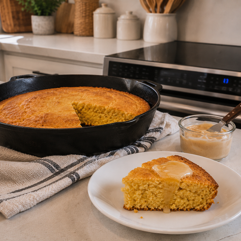 Cast-iron skillet cornbread served warm with bourbon honey butter melting over a golden slice on a rustic wooden table.