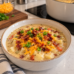 Creamy loaded potato soup topped with crumbled bacon, shredded cheddar cheese and sliced green onions