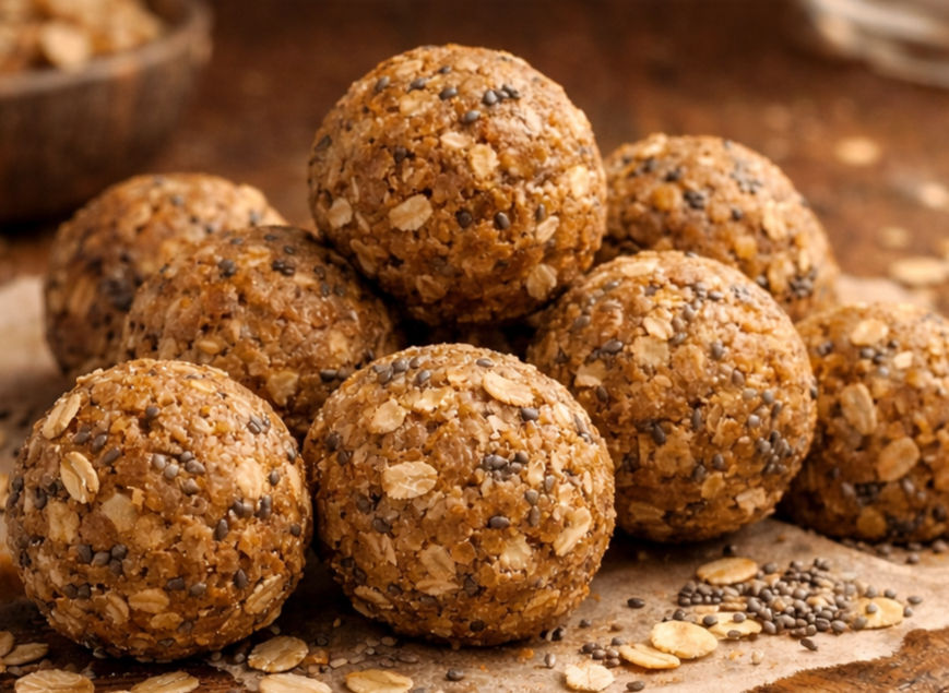 Close-up of nine round energy balls with oats and chia seeds on parchment paper. Warm, earthy tones create a rustic, inviting mood.