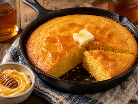Cast-iron skillet cornbread served warm with bourbon honey butter melting over a golden slice on a rustic wooden table.