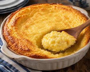 Kentucky spoonbread baked until golden brown in a rustic baking dish with a soft, custardy center served with a wooden spoon.