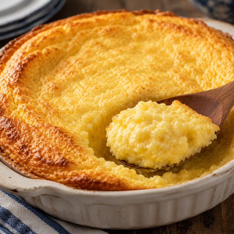 Kentucky spoonbread baked until golden brown in a rustic baking dish with a soft, custardy center served with a wooden spoon.