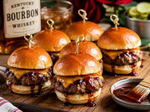 Bourbon beef sliders with cheddar cheese and sweet smoky bourbon sauce served on a wooden board with slider buns and pickles.