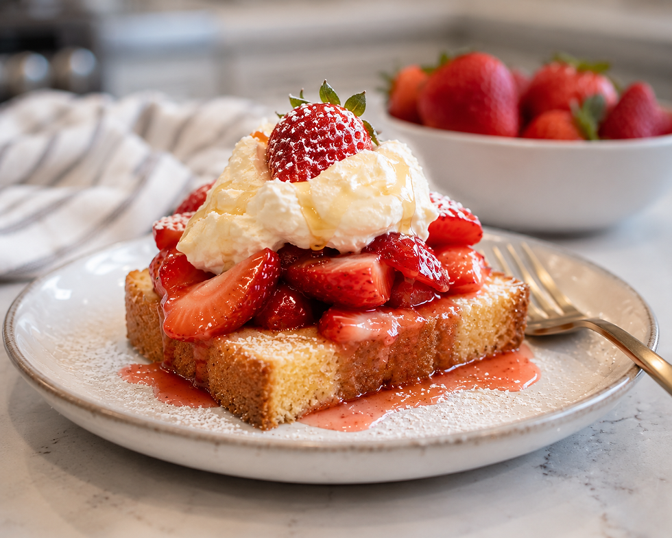 Strawberry shortcake with whipped cream and syrup on a plate, fork beside it, with a bowl of strawberries in the blurred background