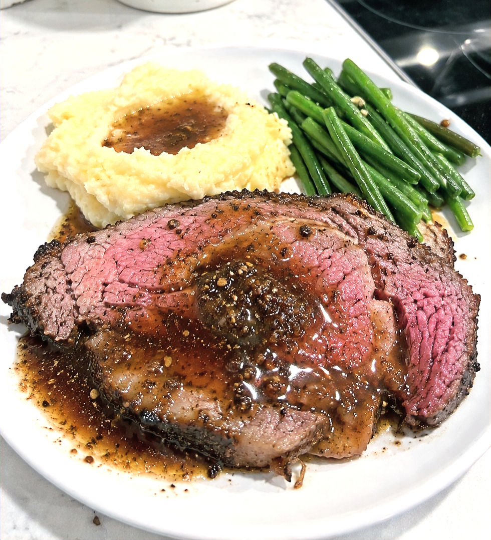 Prime rib seasoned with My Family’s Seasoning from Publix, served with mashed potatoes, green beans, and homemade Coke au jus