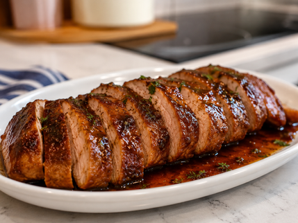 Sliced bourbon-glazed pork tenderloin drizzled with a rich brown sugar bourbon glaze and served on a platter.