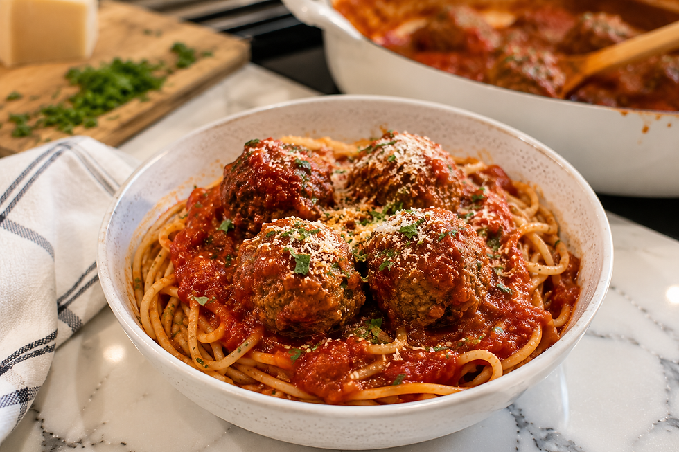 Bowl of spaghetti and meatballs with red sauce and grated cheese on a marble counter, with a pan and chopped herbs in back