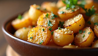 A close-up, lifestyle shot of golden-brown roasted potatoes with a crispy parmesan crust, 