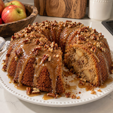 Homemade Kentucky apple Bundt cake with fresh apples, pecans and a buttery brown sugar bourbon glaze