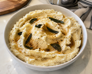 Creamy brown butter mashed potatoes topped with browned butter, crispy sage leaves, and cracked black pepper in a white serving bowl.