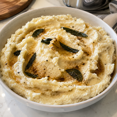 Creamy brown butter mashed potatoes topped with browned butter, crispy sage leaves, and cracked black pepper in a white serving bowl.